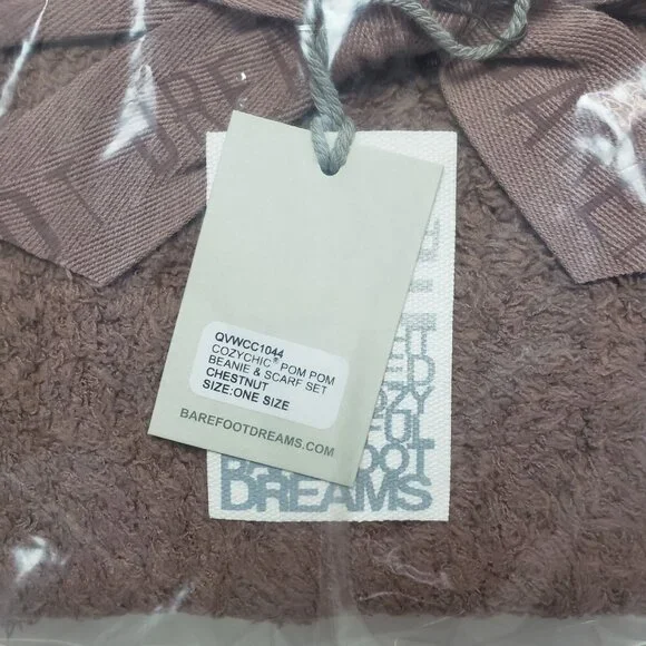 Barefoot Dreams CozyChic Pom Pom Beanie & Scarf Set Chestnut OS Warm Winter Wear
